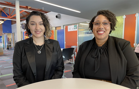 Stevii Rios-Pua (left) and Randisha Gaines (right) smile for a photo at Phoenix College.