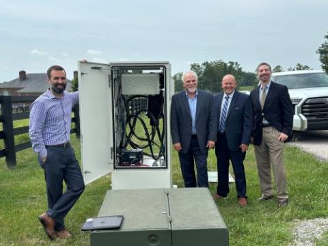 "Benjamin U'sellis (Spectrum Leadership), Geoff Jordan (NTIA BIP Director), Joe Covington (Scott County Judge), and Rodrigo Apolinario (NTIA BIP FPO) inspecting an active OLT cabinet"